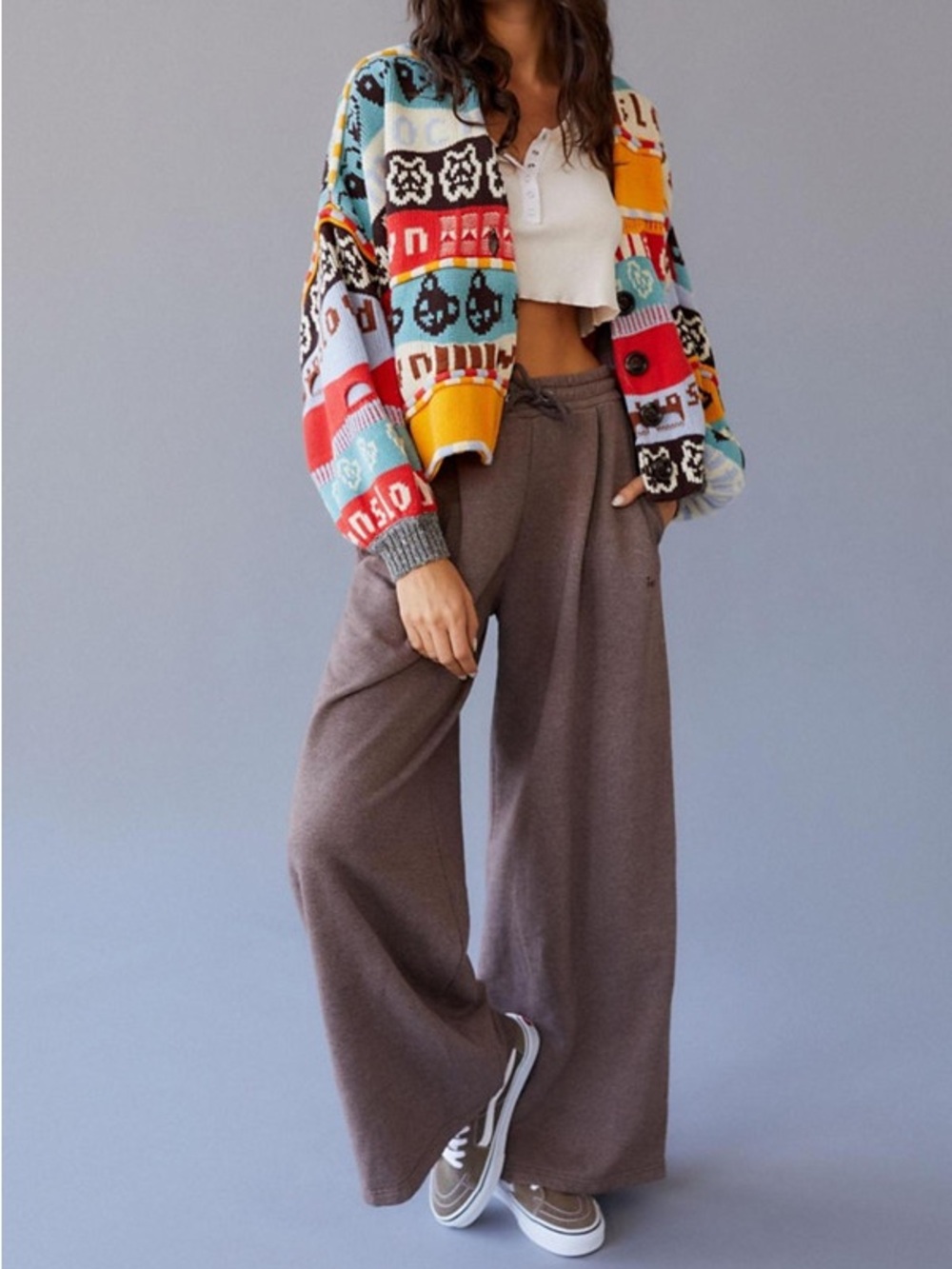 BDG Shae Multicolor Drop Shoulder Slouchy Patchwork Knit Cardigan